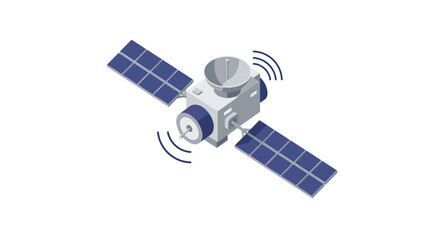 Fototapeta premium Isometric satellite with solar panels and signal waves in space technology design
