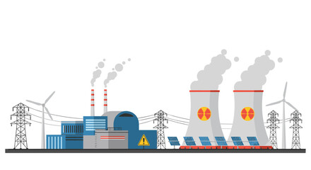 Obraz premium Nuclear energy plant with wind turbine and solar panels in flat design