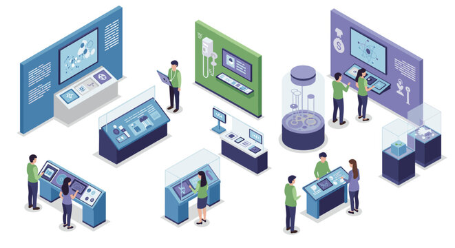 Isometric museum exhibits with interactive technology displays