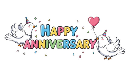 Obraz premium Celebrate a happy anniversary with adorable birds wearing party hats and a festive heart balloon