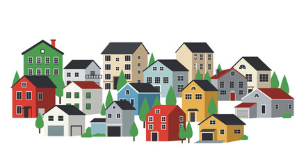 Colorful neighborhood with diverse houses in flat design