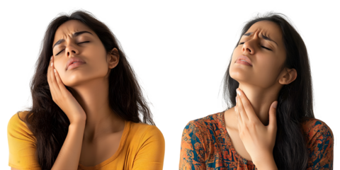 Young Indian woman isolated cutout removal background having a neck pain due to stress isolated on a transparent background