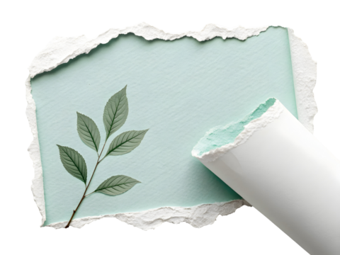 Torn Mint Green Paper with White Rolled Edge and Pressed Green Leaves on Black Background Minimalist Pastel Texture - Powered by Adobe