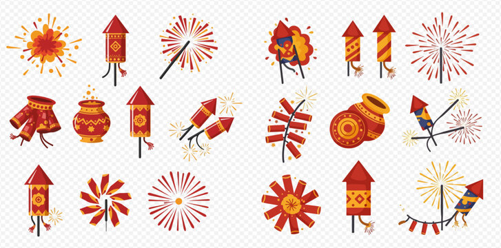 Colorful illustration of various fireworks and firecrackers, including rockets, sparklers, and traditional diyas.