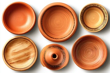 Overhead view of six handcrafted terracotta and wooden bowls and a pot