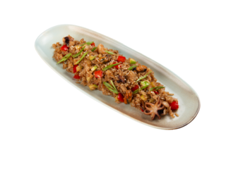 Rice with seafood in a plate. Transparent