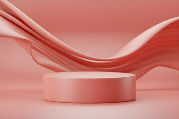 Abstract Coral Pink Product Display: Elegant Draped Fabric and Cylindrical Pedestal