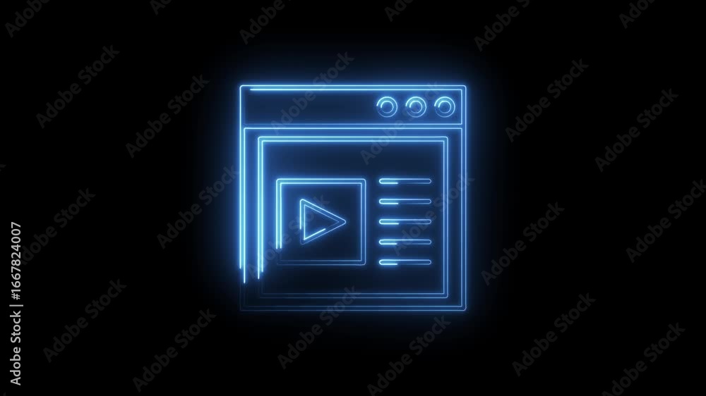 Poster blue neon play button icon interface element glowing abstract digital technology concept video