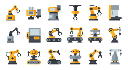 Industrial robot collection: flat style robotics icons for manufacturing design