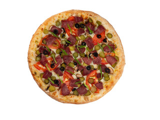Pizza with beef, tomatoes and pickles. Top view. Transparent
