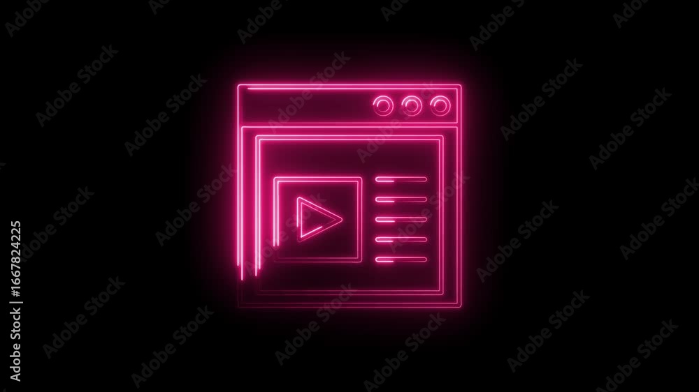Poster glowing neon play button icon interface element animation on black background digital media concept