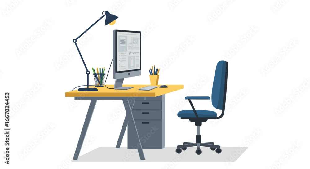 Poster modern office workspace with computer and lamp on desk