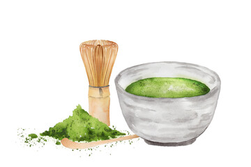 抹茶と茶筅、茶杓のセットの水彩画
