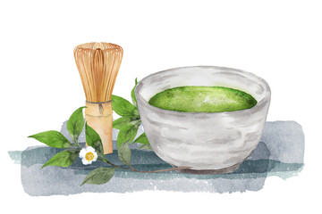 抹茶と茶筅、お茶の花の水彩画