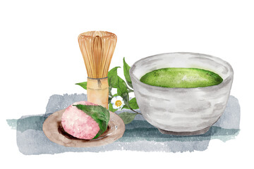 抹茶と桜餅、お茶の花の水彩画