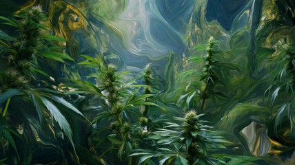 Lush greenery in abstract swirl patterns. Neural network AI generated