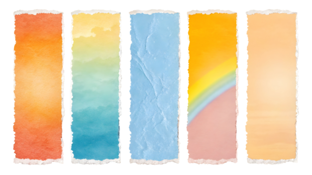 Five Torn Paper Strips Displaying Gradient Color Effects Collection Orange Yellow Blue Pink Peach Rainbow Hues Watercolor Texture - Powered by Adobe