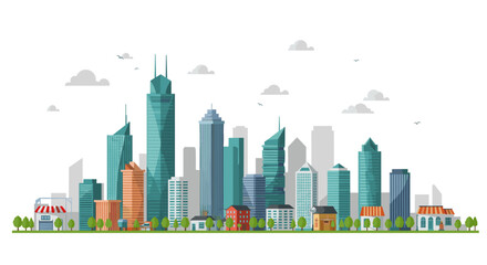 Fototapeta premium Modern city skyline with diverse skyscrapers in flat design