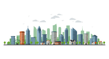 Modern urban skyline panorama with skyscrapers and trees