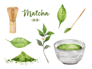 抹茶と茶道具、お茶の葉の水彩画セット