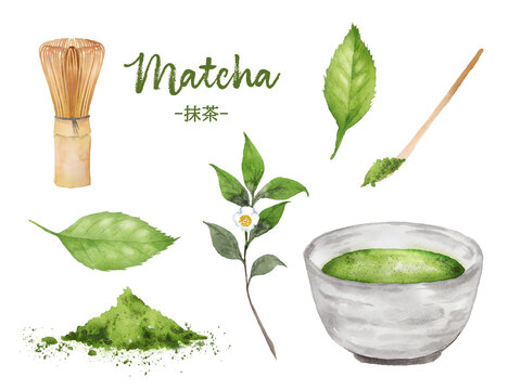 抹茶と茶道具、お茶の葉の水彩画セット