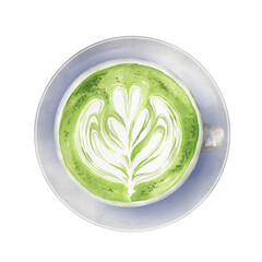 Obraz premium ラテアートが描かれた抹茶ラテの水彩画
