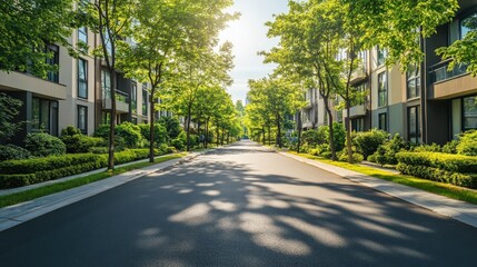 Obraz premium Urban street lined with apartment buildings and lush greenery.