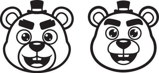 Minimalist black and white bear face icons – playful cartoon duo with top hats, expressive mouths, and quirky charm.