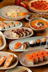 Various food in plates on the table. Fast food. Selective focus.