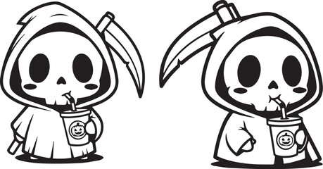 Minimalist black and white Grim Reaper icons – playful skeleton figures with scythes and skull-branded drink cups.