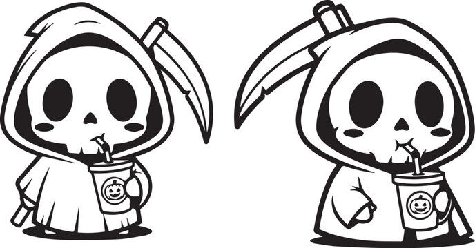 Minimalist black and white Grim Reaper icons &ndash; playful skeleton figures with scythes and skull-branded drink cups.