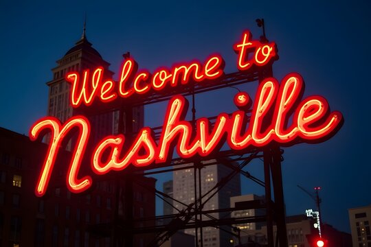 Neon “Welcome to Nashville” glowing against skyline with guitar icon design.
 - Powered by Adobe