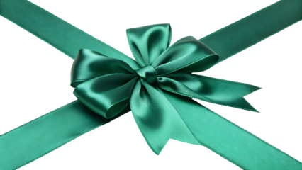 Closeup of a Shiny Emerald Green Satin Ribbon Bow Tied on a Black Background The lustrous satin ribbon is tied in a classic bow shape with the ends extending diagonally across