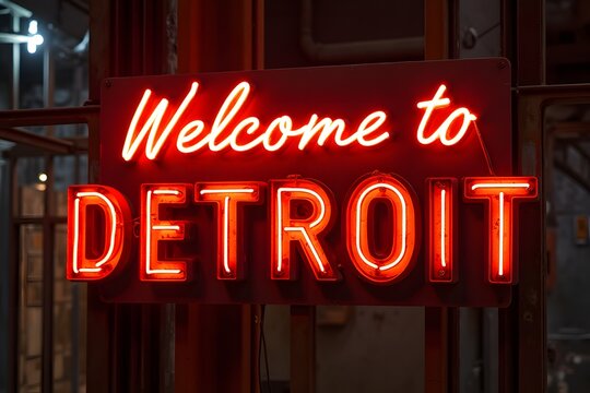 Neon “Welcome to Detroit” glowing in industrial rust setting.
- Powered by Adobe