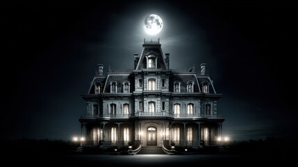 Spooky haunted mansion under moonlit sky with dark clouds and eerie mysterious atmosphere