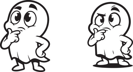 Minimalist black and white ghost icons – expressive cartoon spirits in thoughtful poses with curious facial features.