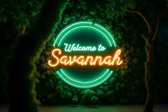 Neon “Welcome to Savannah” glowing green by mossy trees.
