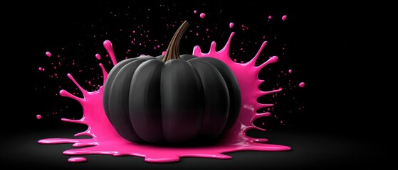 Black pumpkin with pink paint splashes on a reflective black surface for Halloween or spooky decorations
