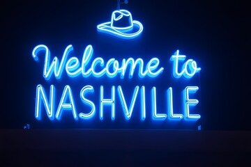 Fototapeta premium Neon “Welcome to Nashville” glowing neon blue with cowboy hat. 