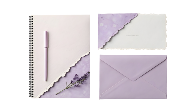 Pastel Lilac Purple Torn Texture Minimalist Stationery Set Spiral Notebook Envelope Notecard Lavender Sprig Lilac Pen
