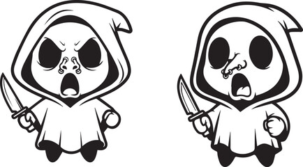 Minimalist black and white Grim Reaper icons – playful hooded skeletons with knives and expressive cartoon faces.