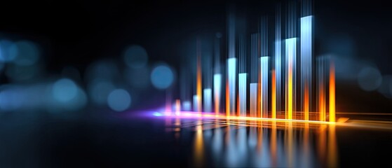 analysis business charts concept. Abstract digital graph with glowing bars reflecting on a surface in dark tones.