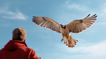 Obraz premium Majestic falcon in flight approaching person under clear blue sky