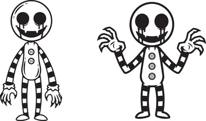 Minimalist black and white creepy character icons – eerie humanoid figures with striped limbs, hollow eyes, and sinister grins.