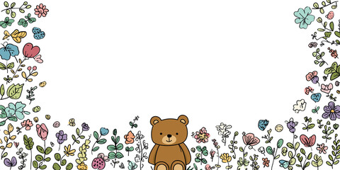Adorable cartoon bear sits surrounded by colorful doodle flowers and plants.