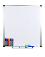 Large whiteboard with sleek silver frame and colorful markers arranged neatly at bottom Isolated on Transparent or White Background