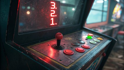 Retro Arcade Countdown – Glowing 80s Start Screen with Joystick and Buttons in Ultra-HD Cinematic Lighting