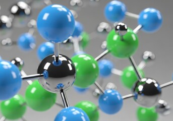 Obraz premium 3D render of molecular structure with blue, green, and metallic balls and rods, for science or chemistry presentation
