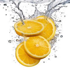 Lemon slices falling with water drops isolated white and transparent background.