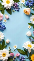 a vibrant floral arrangement featuring various colorful flowers arranged around a light blue background. The arrangement is filled with a variety of flowers.
